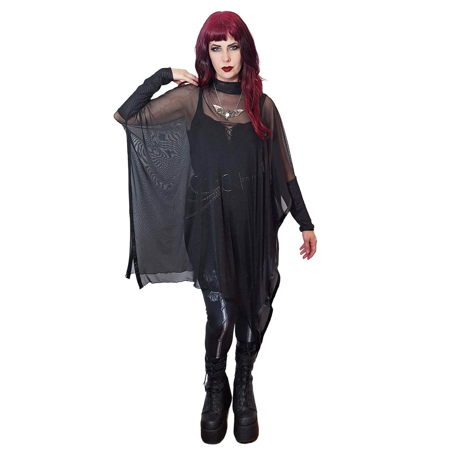 Model wearing the Necessary Evil Anahita Sheer Layer Dress, demonstrating its versatility for gothic-inspired outfits.