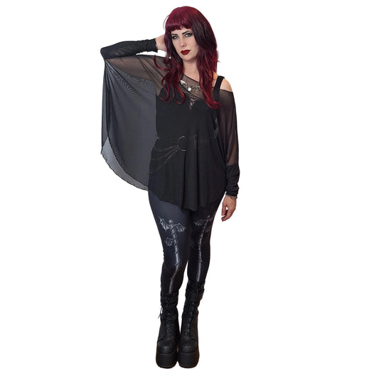 Necessary Evil Circe Goth Top displayed on a model showcasing the flowing, oversized drape and sheer mesh fabric, perfect for alternative fashion enthusiasts.
