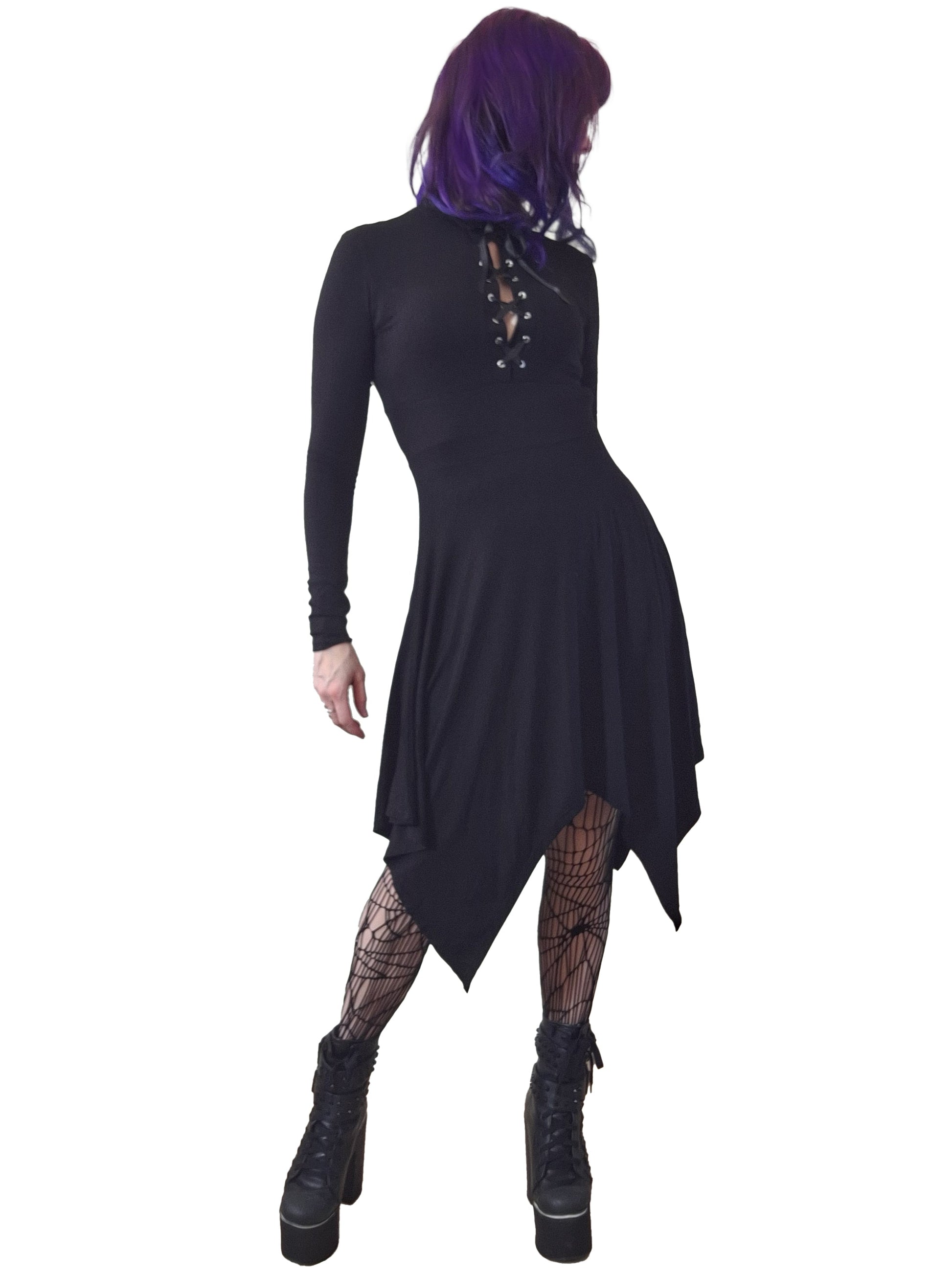 Necessary Evil Kali Gothic Midi Dress showcasing the unique asymmetrical handkerchief hem in elegant flowing black fabric.
