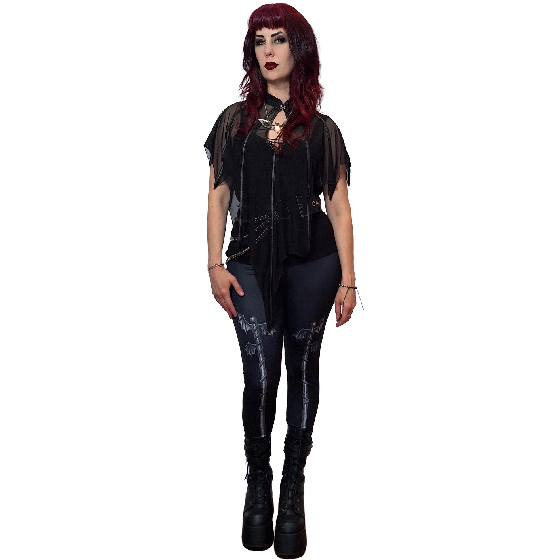 Elegant Necessary Evil Leutogi Black Mesh Bat Wing Cape Top with faux leather details, perfect for a sophisticated wardrobe.