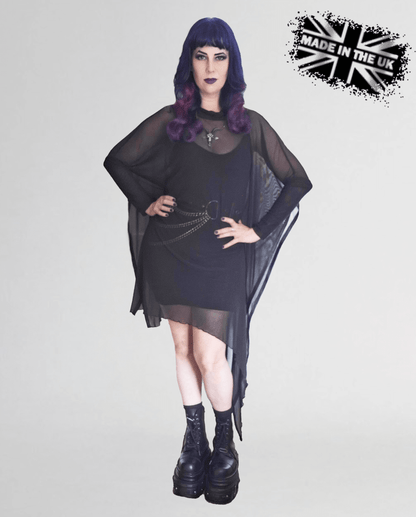 Necessary Evil Anahita Mesh Layer Dress showcasing a dramatic asymmetrical hem and double-layer mesh sleeves, accentuated with vegan leather trim.