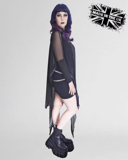 Sophisticated look featuring the Necessary Evil Anahita Mesh Layer Dress, paired with edgy accessories for a modern gothic goddess ensemble.