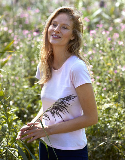 Fairtrade Organic Cotton Slim Fit T-Shirt in light colour, showcasing a luxurious soft texture, tailored for a flattering silhouette, ethically made.