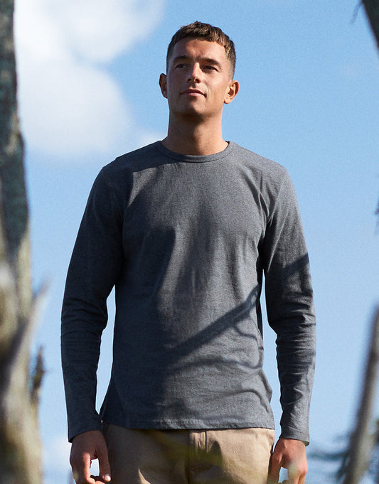 Luxurious Fairtrade Organic Combed Cotton Long Sleeve T-Shirt for Men in an elegant relaxed fit, showcasing eco-friendly craftsmanship.