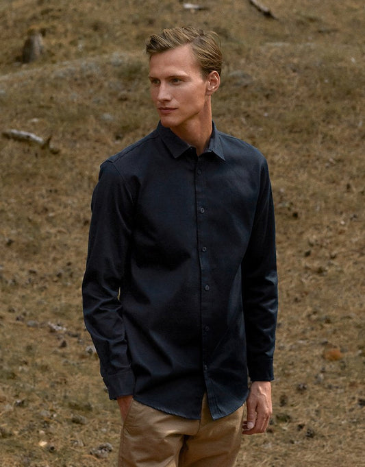 Luxury Organic Twill Shirt crafted from 80% Fairtrade Cotton and 20% Recycled Polyester, showcasing sustainable fashion.
