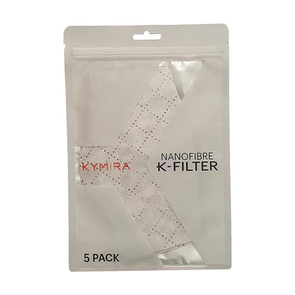 KYMIRA Nanofibre K-Filters showcasing premium filtration technology with 99.6% efficiency, designed for reuse and perfectly customizable to fit all masks.
