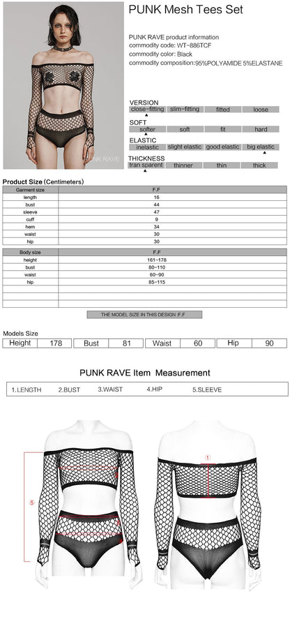 Punk Rave Nikita Fishnet Co-ord Set showcasing a luxury edgy off-shoulder mesh top and matching fishnet bottoms, perfect for a bold and unique fashion statement.