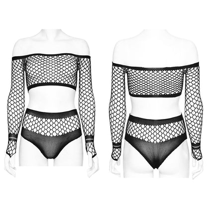 Close-up of the Punk Rave Nikita Fishnet Co-ord Set, showcasing intricate mesh detailing and luxurious craftsmanship in the off-shoulder fishnet top.