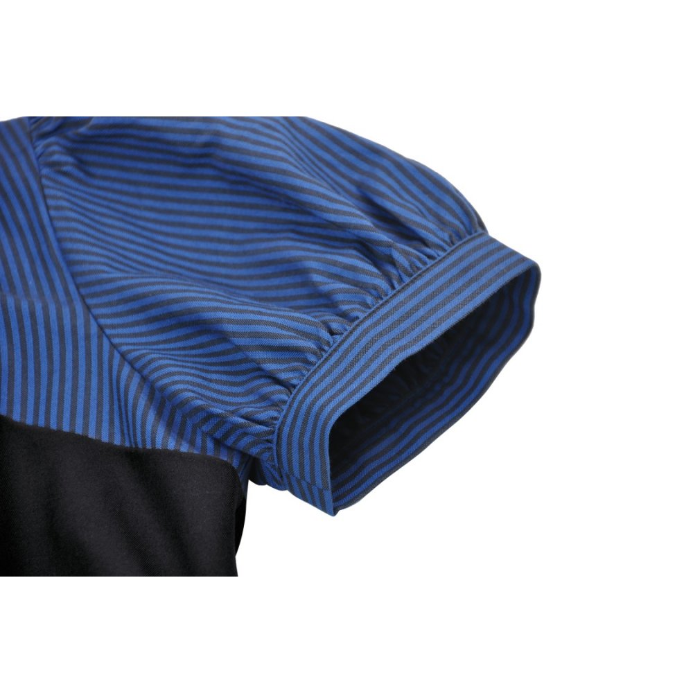 Side view of the Deep Blue Nilima Dress by Dark In Love, highlighting its flattering silhouette and puffy sleeve design.