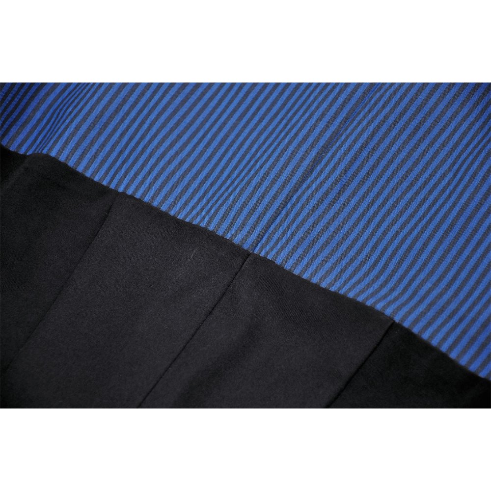 Elegant Dark In Love Nilima Dress in deep blue featuring bold stripes and short puffy sleeves, perfect for sophisticated occasions.