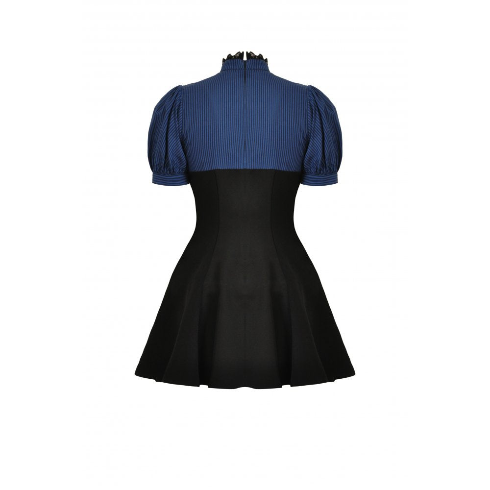 Dark In Love Nilima Dress in elegant deep blue featuring bold stripes and short puffy sleeves, showcasing classic sophistication for luxurious occasions.