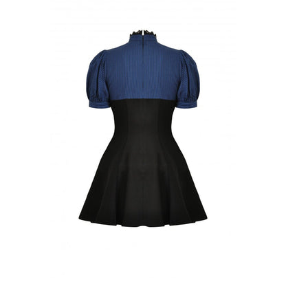 Dark In Love Nilima Dress in elegant deep blue featuring bold stripes and short puffy sleeves, showcasing classic sophistication for luxurious occasions.