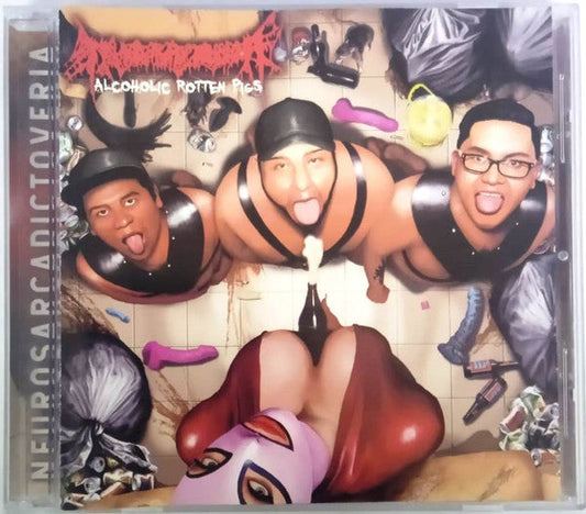 Officially licensed CD of 'Alcoholic Rotten Pigs' by Neurosarcadictoveria, released by Rancid Offal Records, showcasing the extreme goregrind genre with captivating artwork and evocative design.