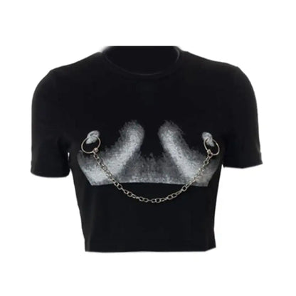 Close-up view of the chic metallic chain detail on the Daring Chain Cropped Women's Tee from Dazzling Dreams Studio, emphasising style and elegance.