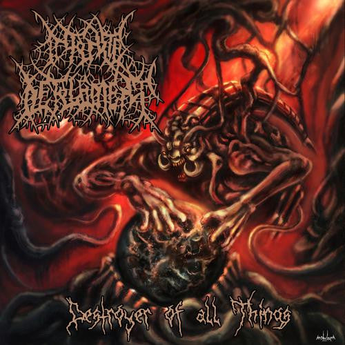 Infinite Defilement 'Destroyer of all Things' CD cover by Rancid Offal Records, a premier UK death metal album featuring dark and iconic artwork ideal for collectors.