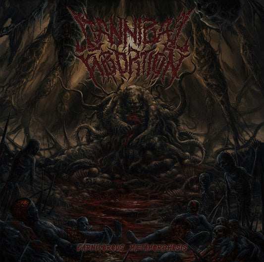 Album cover of 'Carnivorous Metamorphosis' by Cannibal Abortion, an official release from Rancid Offal Records, showcasing a striking design that reflects the brutal death metal genre.