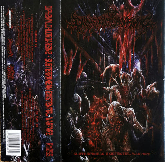 Diphenylchloroarsine - Subterranean Existential Warfare CD cover from Rancid Offal Records, showcasing bold, dark artwork symbolising the intensity of death metal music.