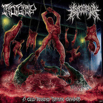 Indignity and Krocophile - A Cold-Blooded Torture Chamber CD cover art from Rancid Offal Records, showcasing the dark and intense essence of death metal music.