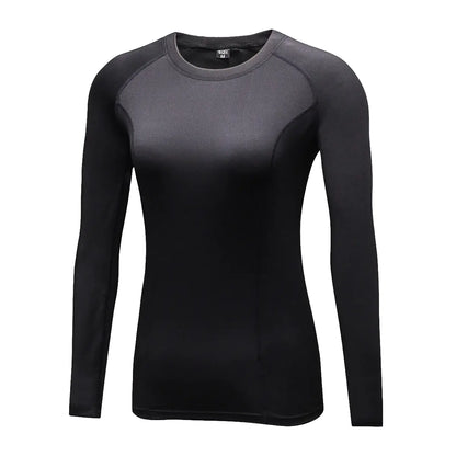 Luxury Women's PRO Compression Long Sleeve Running Shirt in black, featuring a sleek and breathable design, ideal for high-performance workouts.