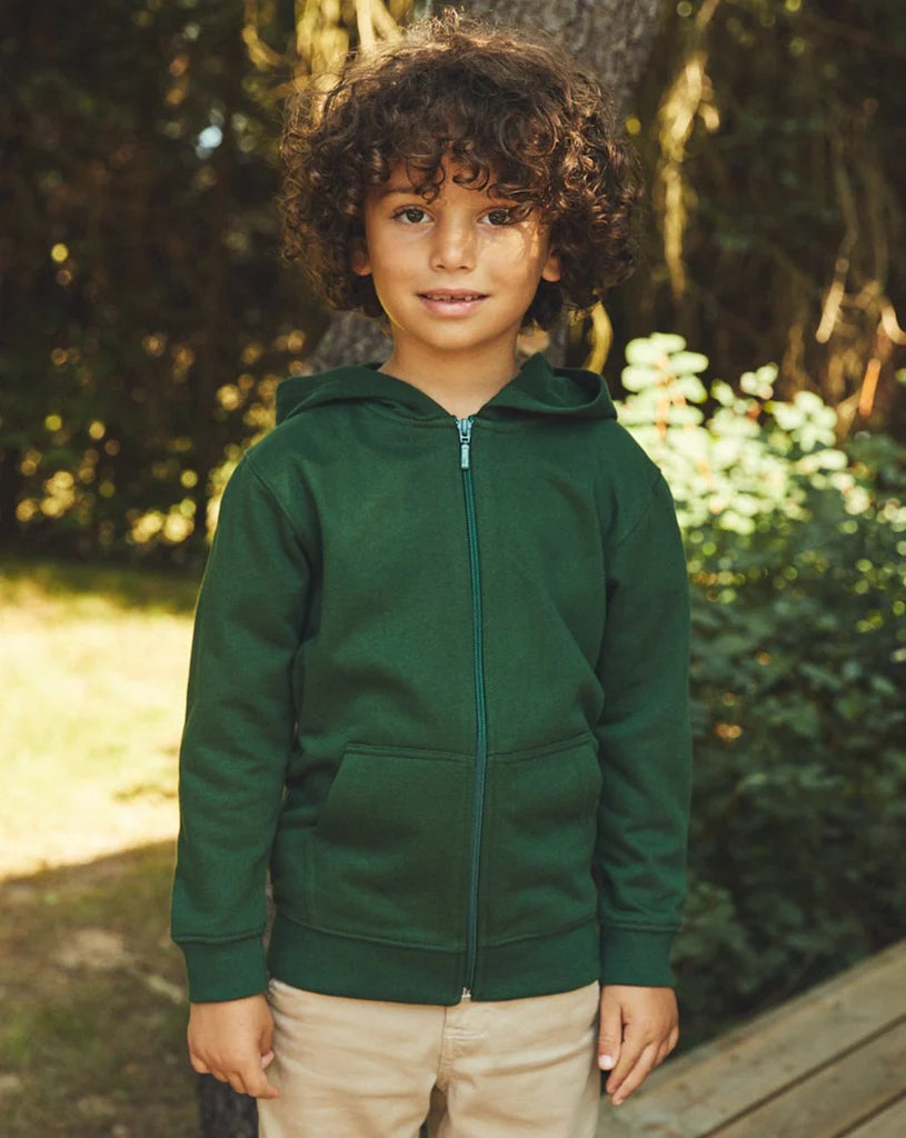 Luxury heavyweight organic Fairtrade kids zipped hoodie in elegant design, featuring kangaroo pocket and adjustable hood for ages 3-10.