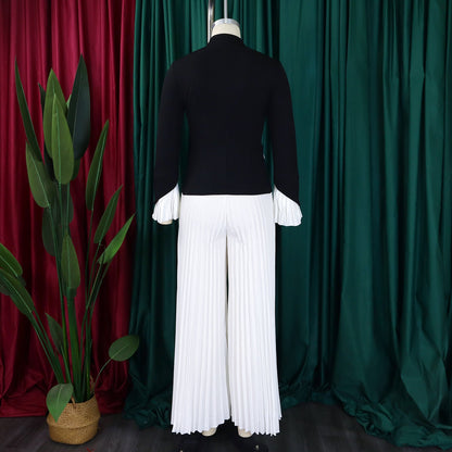Front view of the CM.YAYA Women's Plus Size Office Lady Flare Sleeve Blazer and Wide Leg Pants Set, designed for the chic working woman.