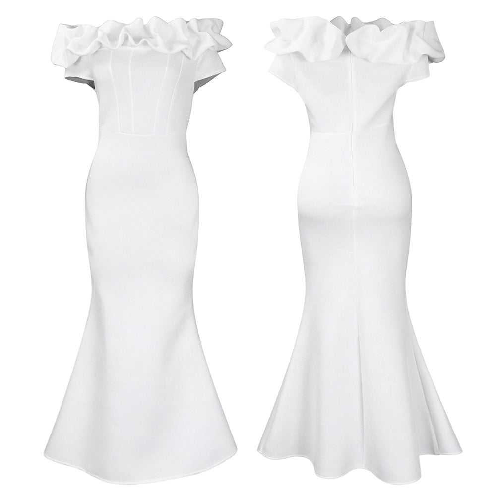 Elegant off shoulder mermaid evening dress in stunning silhouette, designed for women, showcasing luxurious floor-length fabric and a bodycon fit.