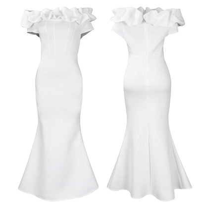 Elegant off shoulder mermaid evening dress in stunning silhouette, designed for women, showcasing luxurious floor-length fabric and a bodycon fit.