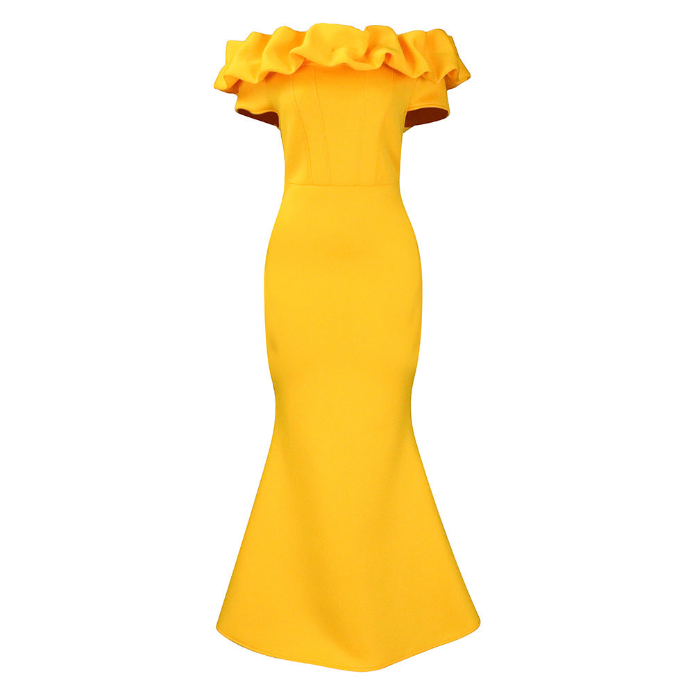 Elegant women’s off shoulder mermaid evening dress in luxurious polyester fabric, slim bodycon fit, floor-length design, suitable for all seasons.