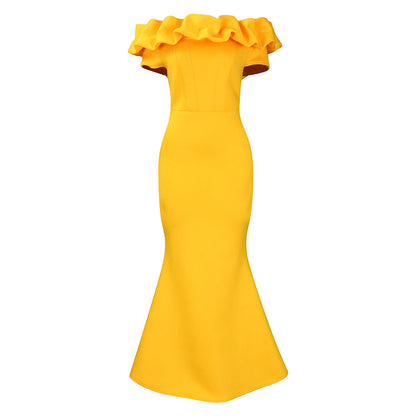 Elegant women’s off shoulder mermaid evening dress in luxurious polyester fabric, slim bodycon fit, floor-length design, suitable for all seasons.