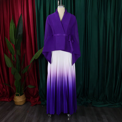 Luxurious CM.YAYA Women's Gradient Full Sleeve Blouse elegantly paired with a pleated long skirt, perfect for autumn and winter fashion.
