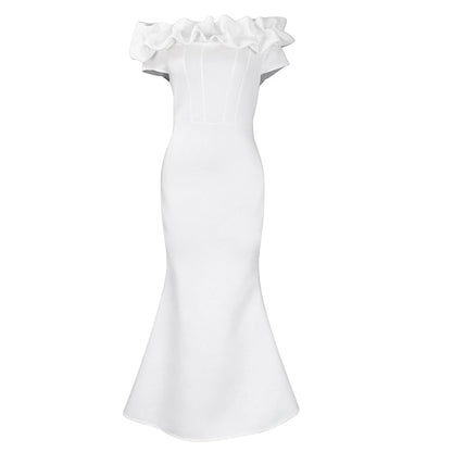 Sophisticated close-up of the off shoulder detail on a mermaid evening gown, highlighting the exquisite craftsmanship and chic style for evening occasions.