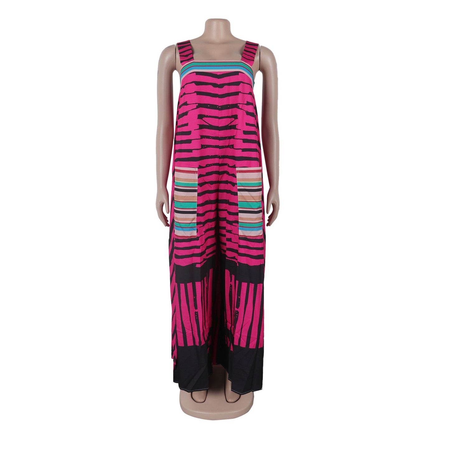 Elegant CM.YAYA Women's Striped Wide Leg Sleeveless Jumpsuit showcasing a chic design with high waist and full-length cut, perfect for luxurious summer outings.