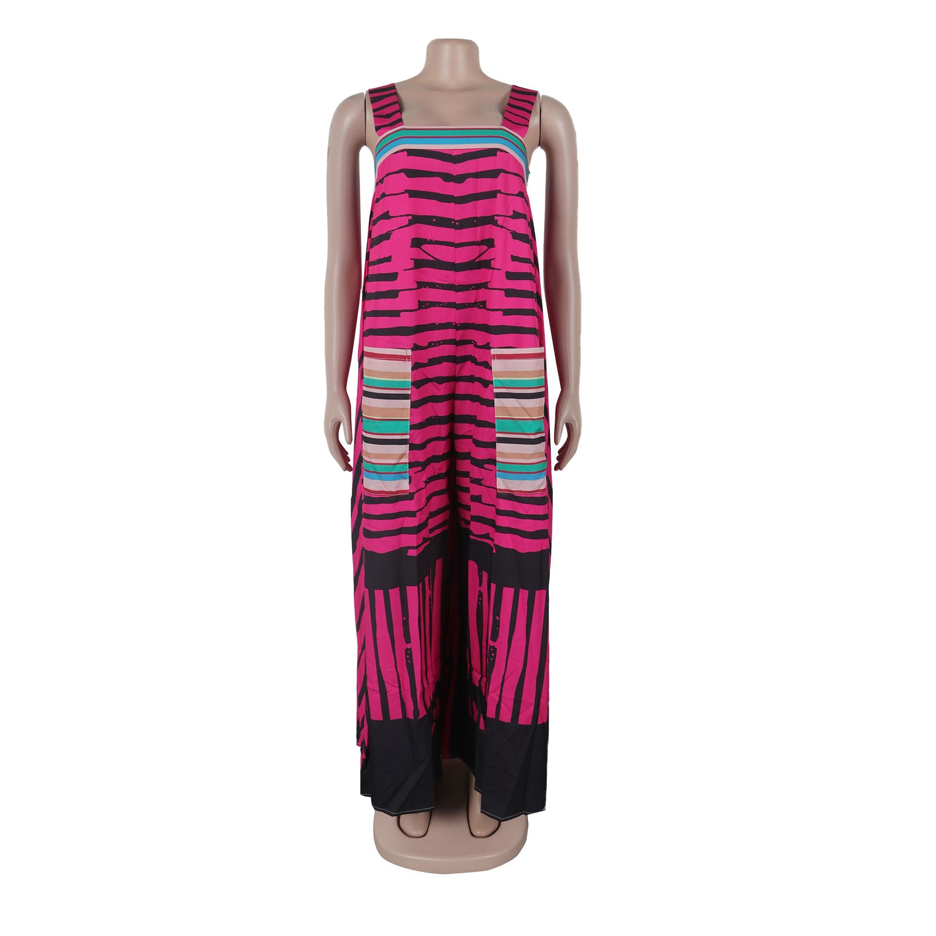 Elegant CM.YAYA Women's Striped Wide Leg Sleeveless Jumpsuit showcasing a chic design with high waist and full-length cut, perfect for luxurious summer outings.