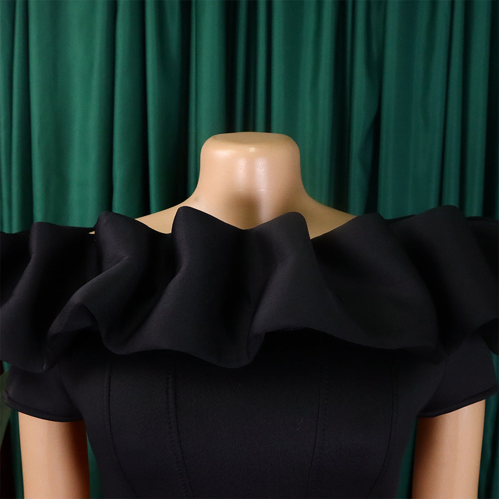 Close-up of the luxurious fabric of an off-shoulder mermaid dress, highlighting its medium stretch and sumptuous polyester material.