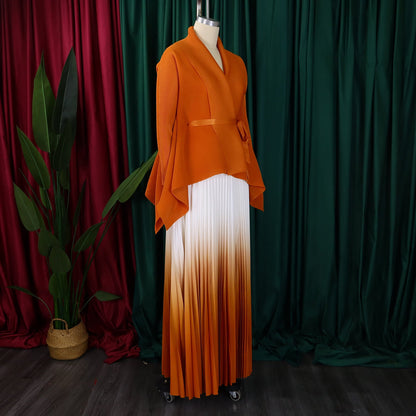 Sophisticated CM.YAYA Women's Gradient Two-Piece Blouse and Pleated Long Skirt Set, elegantly styled for Autumn and Winter with a fashionable belt.