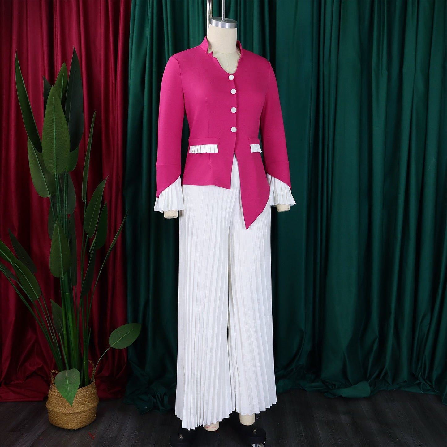 Chic wide leg pants from CM.YAYA, tailored for plus size women, showcasing a luxurious fabric and complementing the flare sleeve blazer.