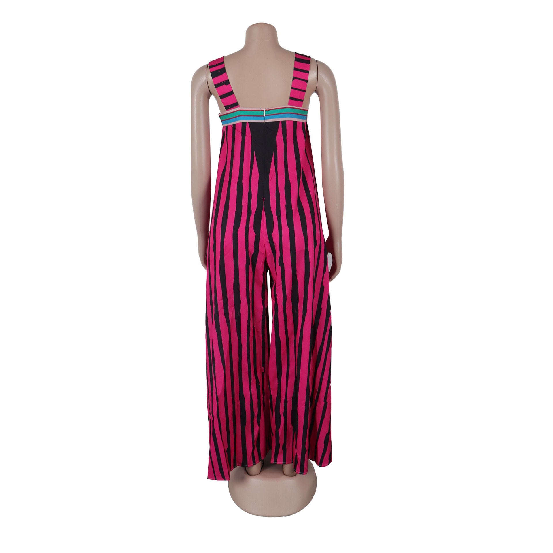 Sophisticated detail of the CM.YAYA Women's Striped Wide Leg Jumpsuit highlighting the luxurious striped pattern and comfortable loose fit.