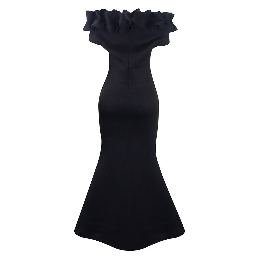 Chic and stylish off-shoulder mermaid dress displayed in a luxurious setting, ideal for elegant evening occasions and formal events.