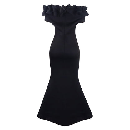 Chic and stylish off-shoulder mermaid dress displayed in a luxurious setting, ideal for elegant evening occasions and formal events.