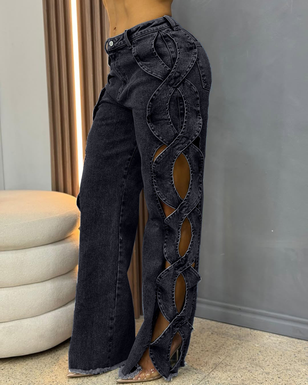 Elegant BKQU Women's high waist wide leg hollow out jeans in exquisite blue denim designed for chic spring and summer parties.