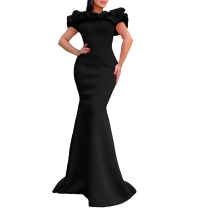 Luxurious elegant off-shoulder mermaid evening dress for women, showcasing a flattering bodycon silhouette and floor-length design in soft polyester.