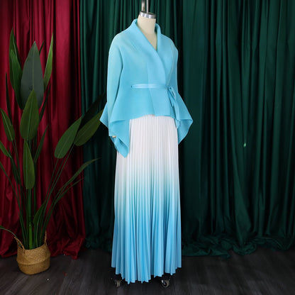 Luxurious CM.YAYA women's gradient blouse set, featuring full sleeves and a stylish belt, perfectly styled for autumn and winter.