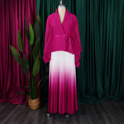 CM.YAYA Women's Pleated Full Sleeve Blouse Set with a chic belt, showcasing a stylish gradient pattern ideal for autumn and winter occasions.