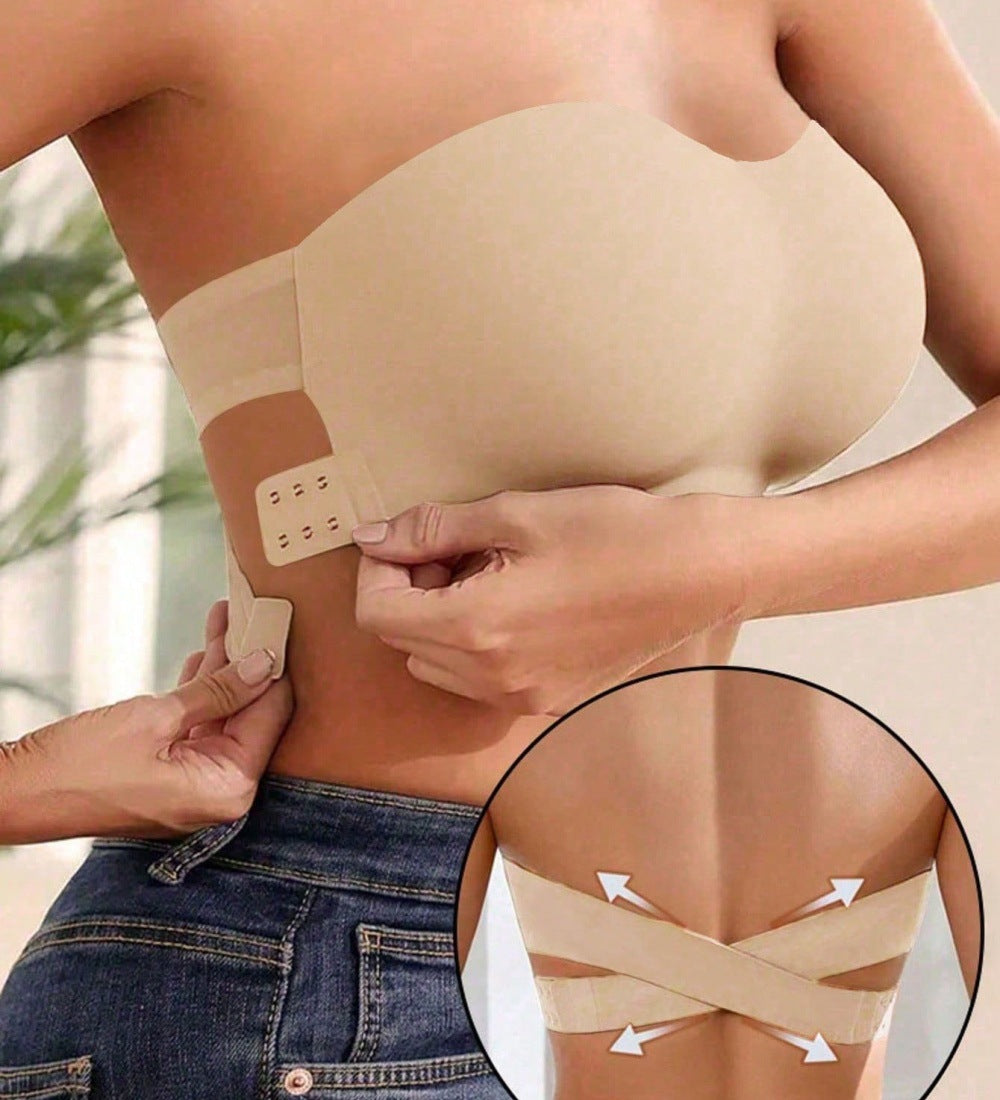 Premium strapless bra in nude, displaying a luxurious silhouette with adjustable side buckle for perfect fit.