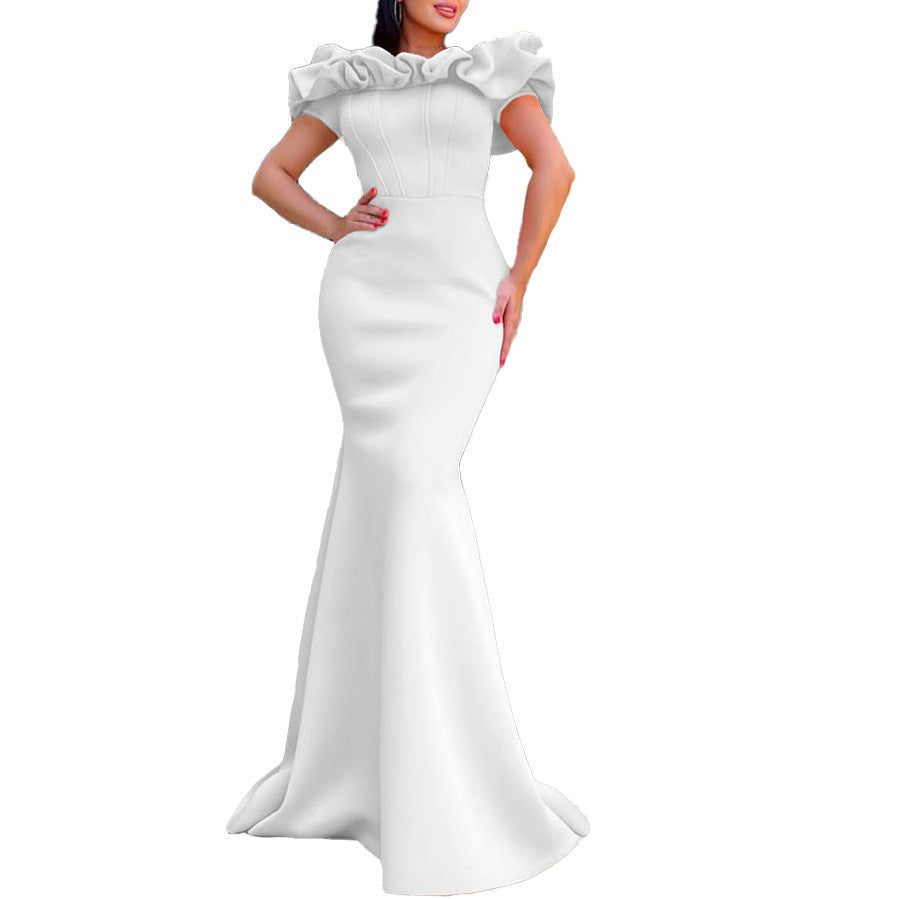 Back view of the Off Shoulder Mermaid Evening Dress, showcasing the elegant zip closure and beautiful drape of the fabric, designed for a chic and refined look.