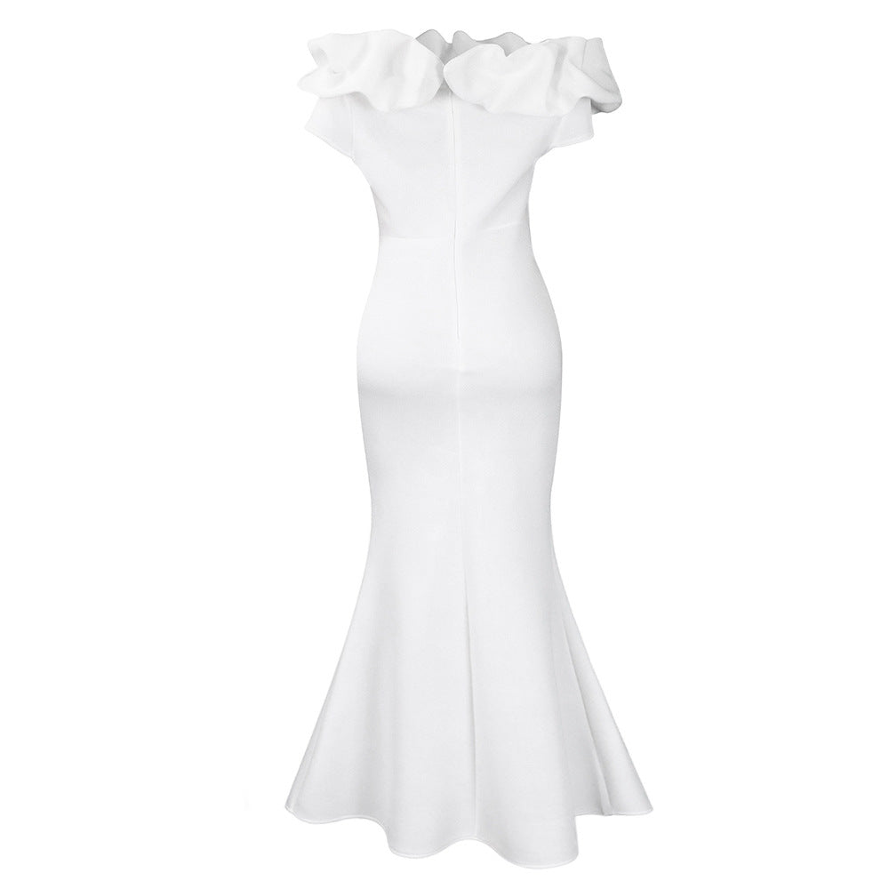 Full view of a beautiful floor-length gown, featuring a sexy trumpet silhouette and luxurious polyester fabric, perfect for formal events and weddings.