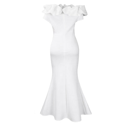 Full view of a beautiful floor-length gown, featuring a sexy trumpet silhouette and luxurious polyester fabric, perfect for formal events and weddings.