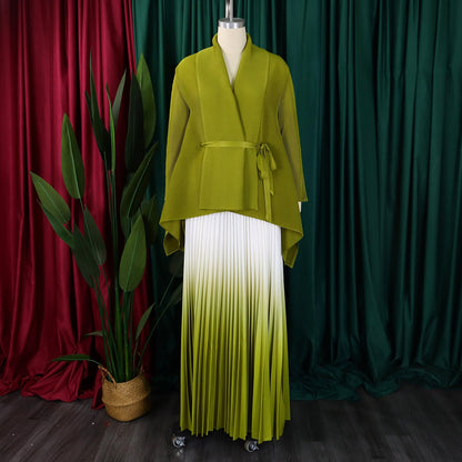 Sophisticated CM.YAYA Women's Floor-Length Pleated Skirt combined with a stylish Gradient Full Sleeve Blouse, ideal for autumn and winter occasions.