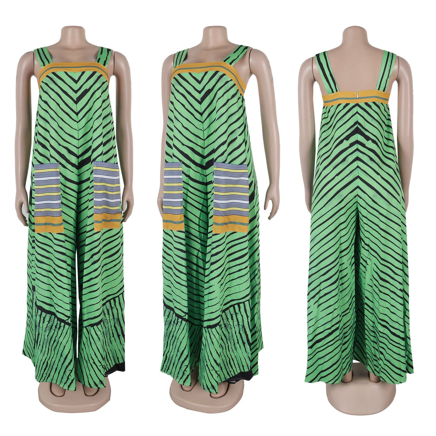 Sophisticated view of CM.YAYA Striped Wide Leg Jumpsuit, highlighting the stylish high waist and loose fit, ideal for fashion-forward women.