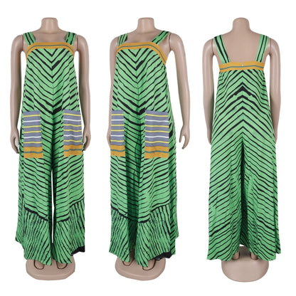 Sophisticated view of CM.YAYA Striped Wide Leg Jumpsuit, highlighting the stylish high waist and loose fit, ideal for fashion-forward women.